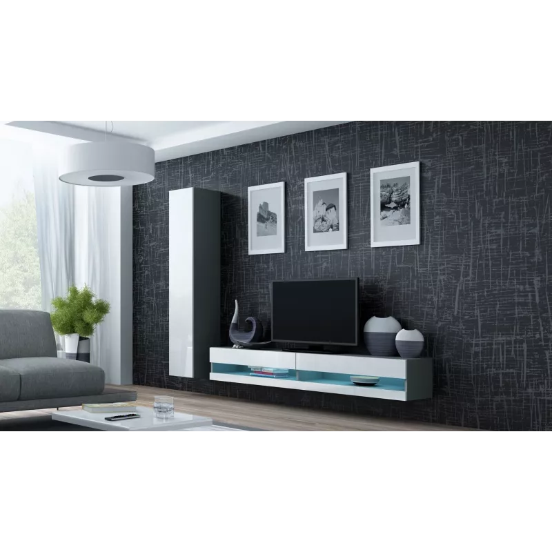 Stolik pod TV Cama Meble VIGO NEW 30/140/40 — 1400×400×300 mm, szary blat, płyta wiórowa, szara rama, białe fronty na wysoki połysk