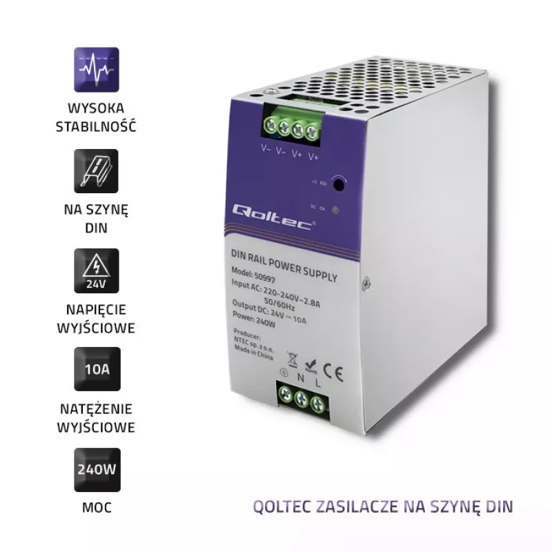 Zasilacz na szynę DIN QOLTEC 50997 240W 24V 10A