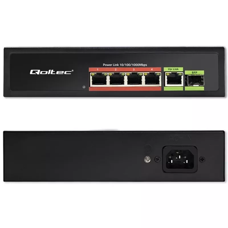 Przełącznik Ethernet PoE QOLTEC 52296 — 4 porty RJ45 PoE, 1 port uplink RJ45