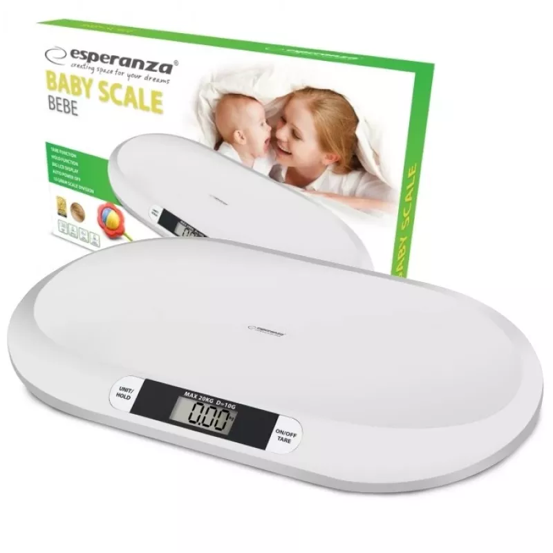 Elektroniczna waga niemowlęca ESPERANZA EBS019 — zakres ważenia 0,03–20 kg, podziałka 0,01 kg, duży wyświetlacz LCD 60×25 mm, biała