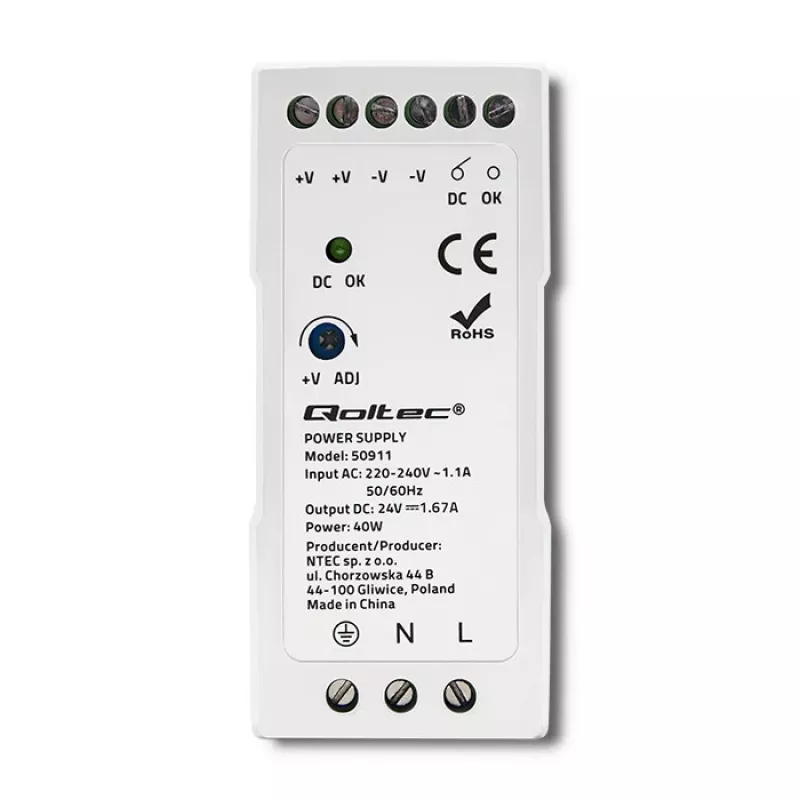 Qoltec Din Rail zasilacz | 40W | 24V | 1.67A | Biały | cienki