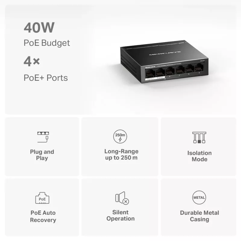 Mercusys 6-portowy przełącznik biurkowy 10/100Mbps z 4 portami PoE+