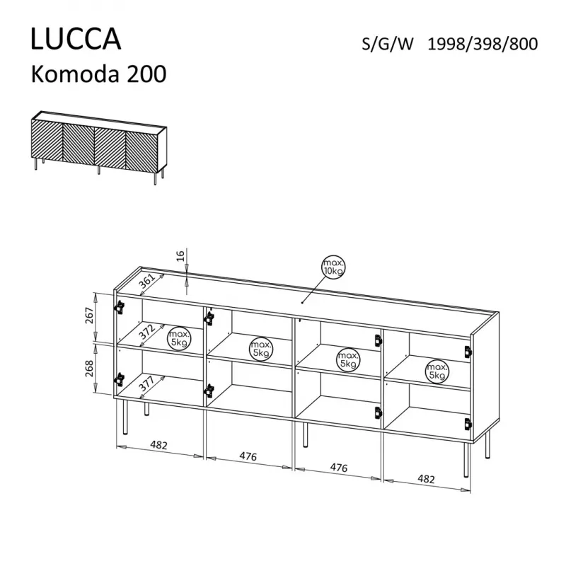 Komoda Cama LUCCA 4D, 200x40x80 cm, biała, płyta wiórowa, rama 16 mm