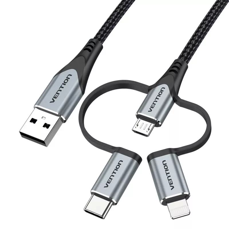 Kabel Vention USB 2.0 A męski do 3-w-1 Micro-B&USB-C&Lightning męski 1M szary stop aluminium typ
