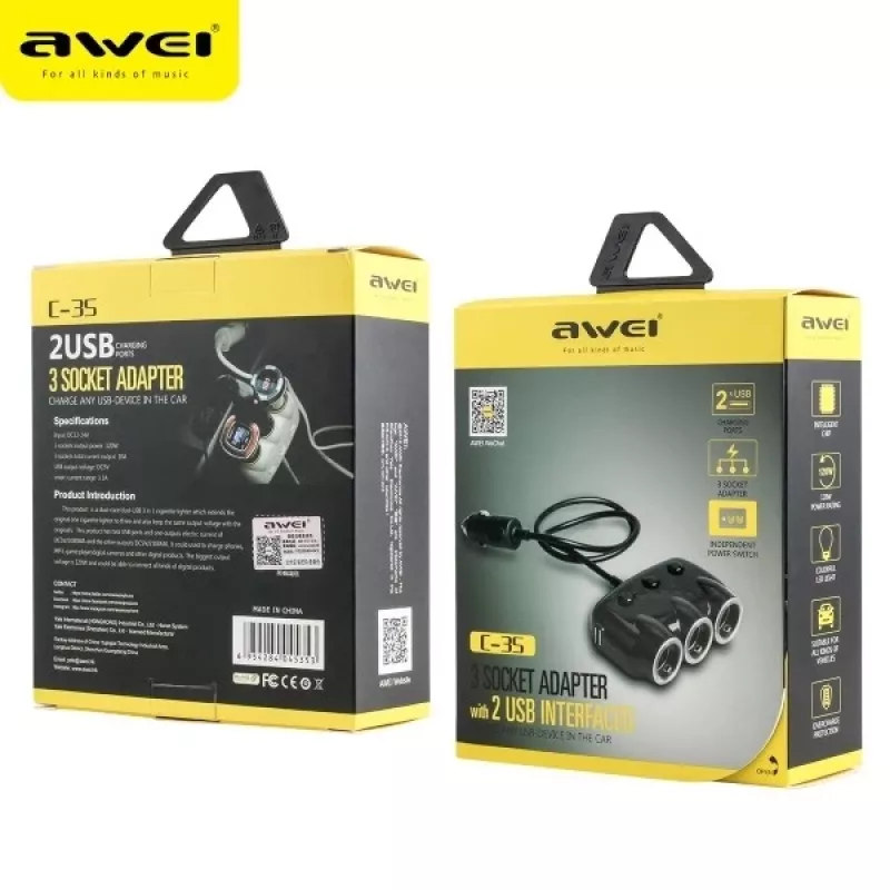 Adapter do gniazda zapalniczki samochodowej Awei C-35 do gniazd zasilania 12 V i 24 V
