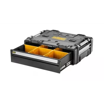 Skrzynka narzędziowa DeWalt DWST08510-1 — konstrukcja z aluminium i tworzywa sztucznego, czarno-żółta