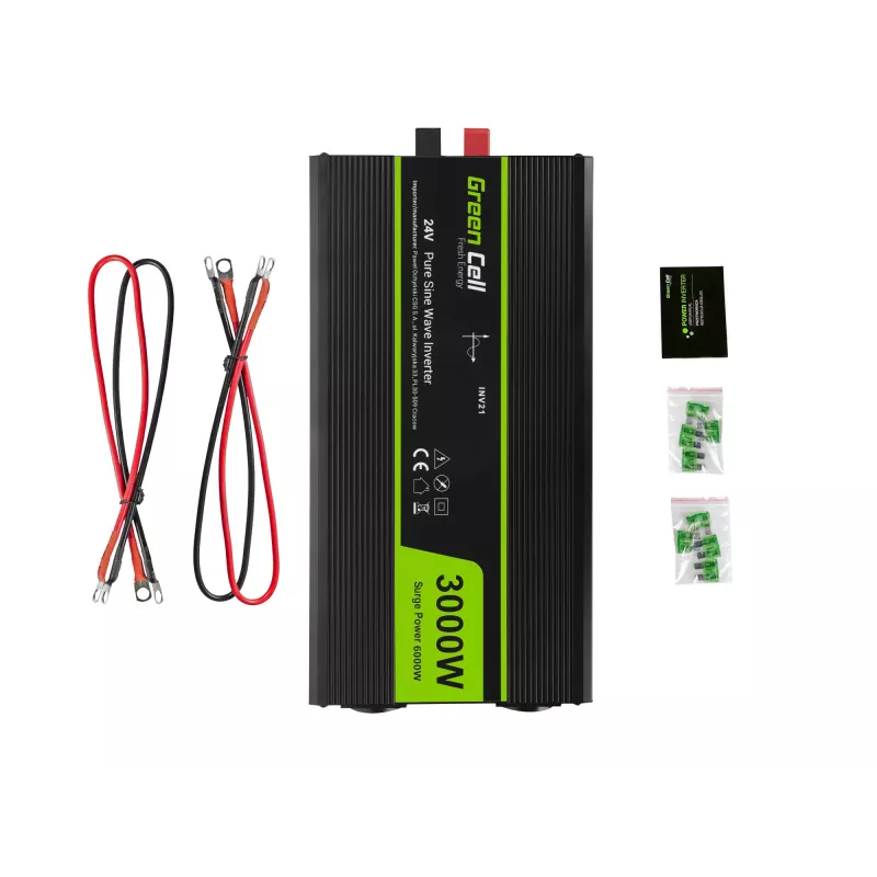 Przetwornica samochodowa zielony Cell INV21 6000 W, 24V DC-na-AC, wyjście 230V, 2x USB PD, aktywne chłodzenie, odłączane złącza DC, czarna