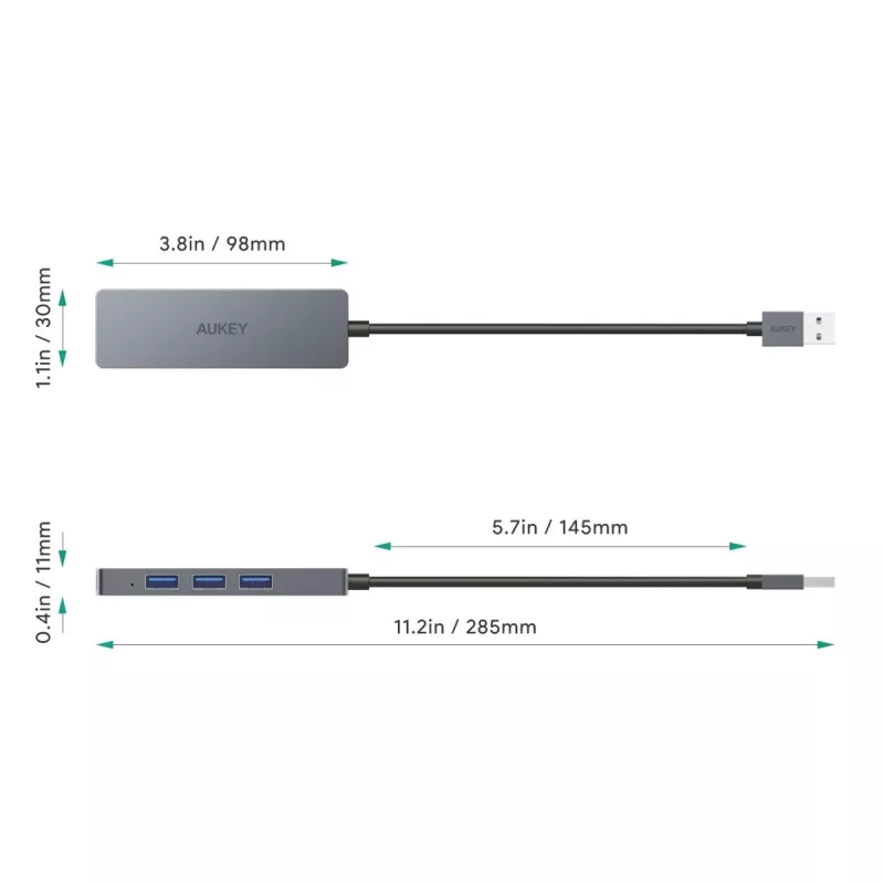 Hub USB Aukey CB-H36 — 4-portowy USB 3.2 Gen 1 Type-A, host USB 2.0, 5000 Mbit/s, aluminium srebrny