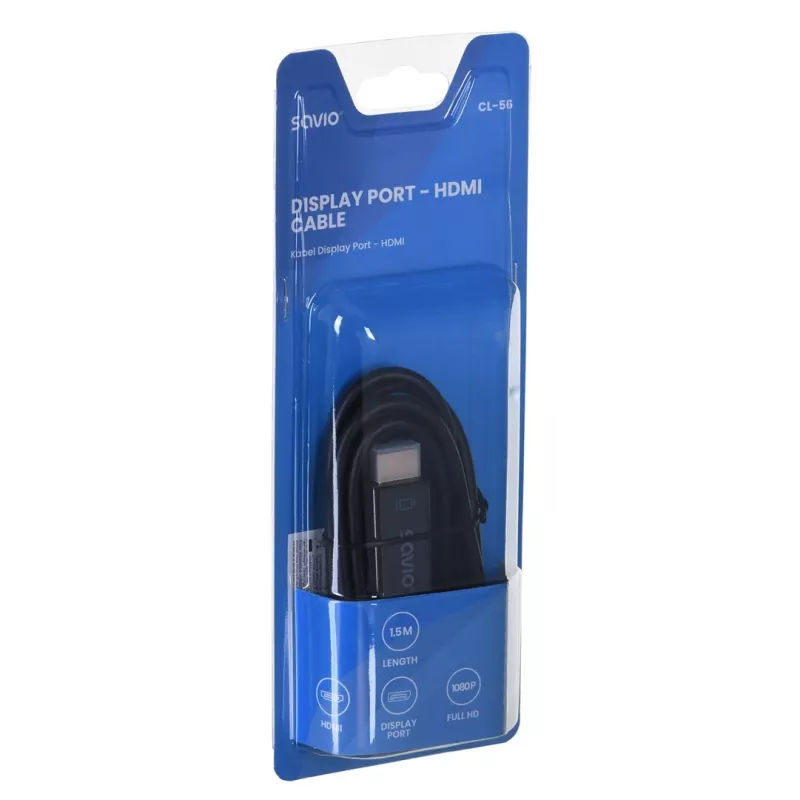 Adapter kablowy wideo SAVIO DisplayPort na HDMI Typ A CL-56, 1,5 m, czarny