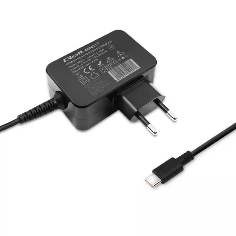 Ładowarka do urządzeń mobilnych QOLTEC 51024 — Uniwersalna ładowarka sieciowa AC, 65W PD, 20V/3,25A, kabel 1,2m, czarna