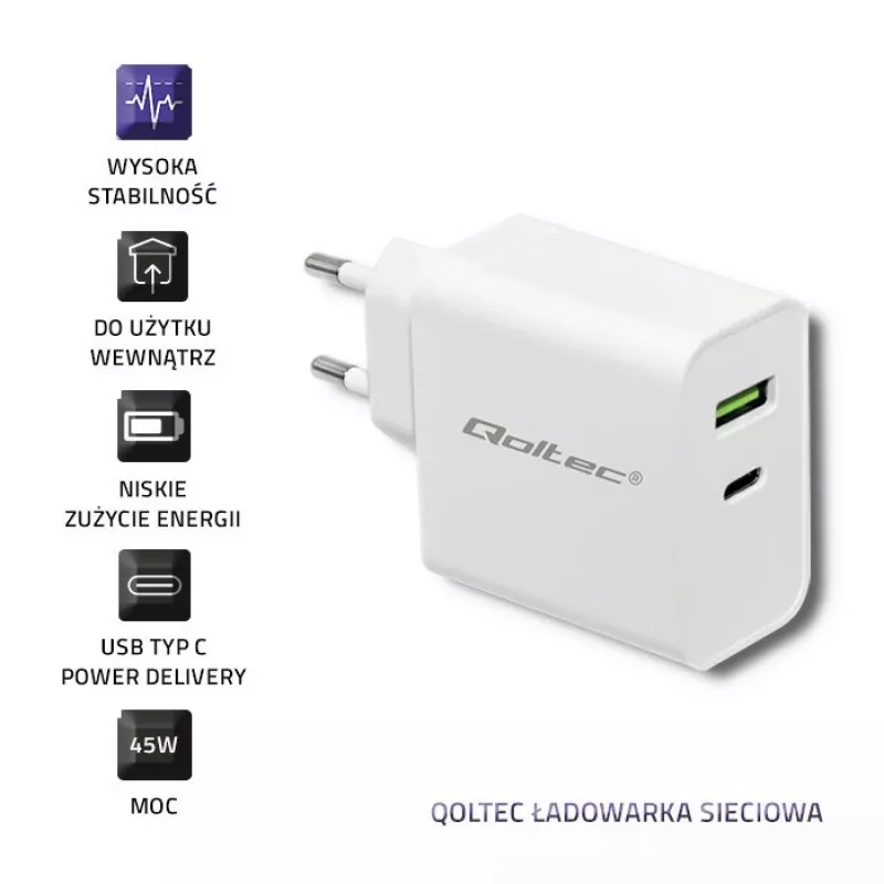 Qoltec 51718 Ładowarka | 45W | 5-20V | 2,4-3A | USB typu C PD | USB | Biała