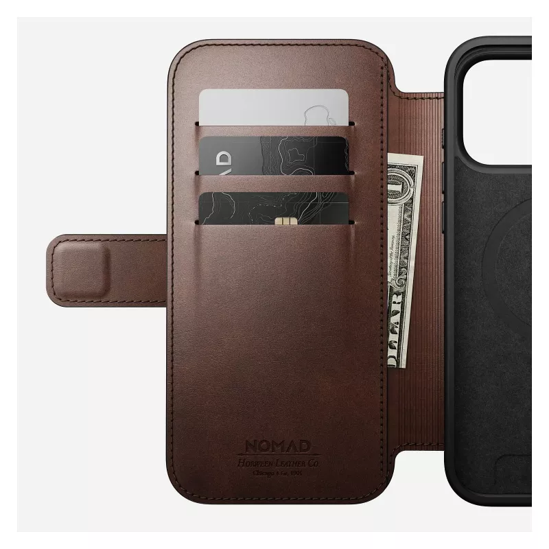 Nomad Modern Leather Folio etui na telefon komórkowy Pokrowiec dla iPhone 17 Pro Max — Brązowy, skóra, ekran 6,3 cala, 4 kieszenie na karty