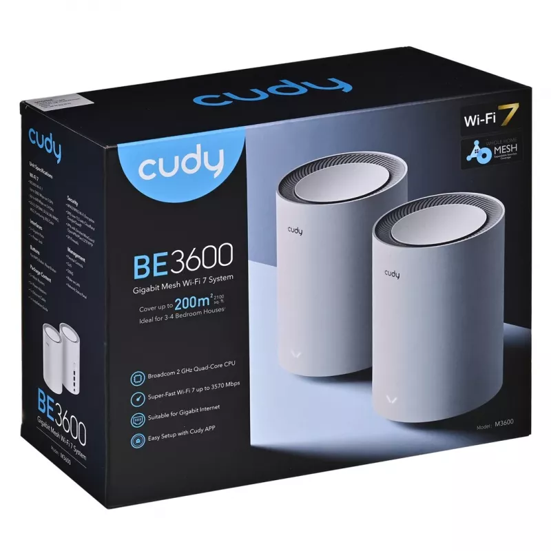 System mesh Cudy M3600 Dual-band Wi‑Fi 7 2882 Mbit/s, 2 szt., 4 anteny, 3x LAN, 512 MB RAM, CPU 2 GHz