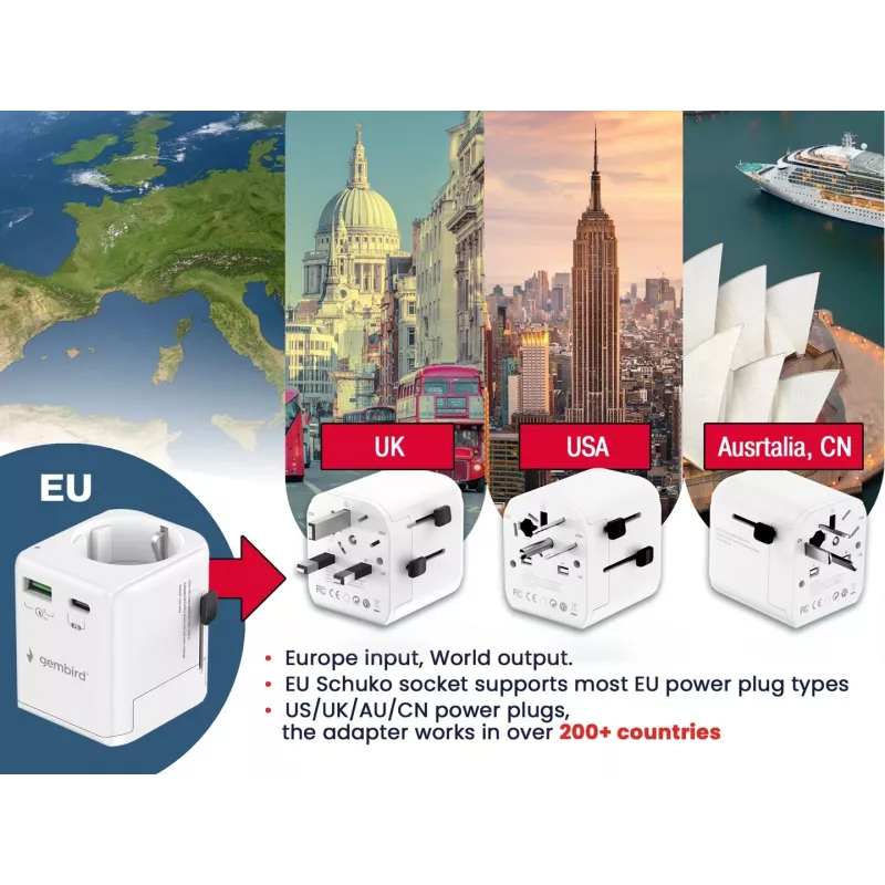 Uniwersalna ładowarka podróżna GEMBIRD TPA-EU1A1C20-01-W 20W, USB-A 18W + USB-C 20W, gniazdo Schuko, wejście 100–250V