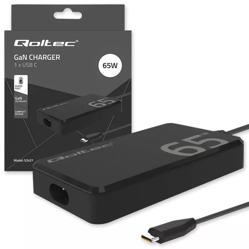 QOLTEC Charger 65W GaN Super Fast cienki PD 5-20V 3.25A USB-C
