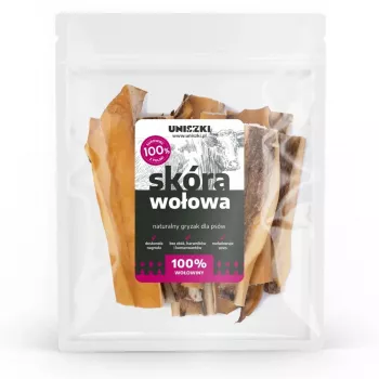 Przysmaki dla psów UNISZKI Skóra Wołowa 100 g — naturalne gryzaki dentystyczne ze skóry wołowej, saszetka 100 g, białko 65%