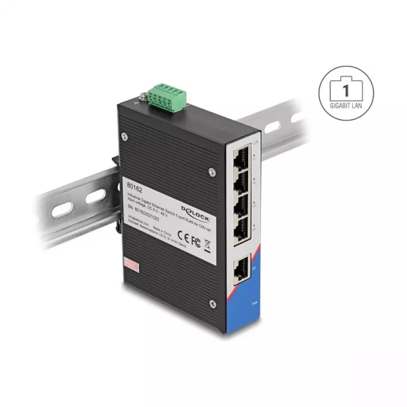 Przełącznik Ethernet DELOCK 80162 — 5-portowy Gigabit RJ45 do montażu na szynie DIN