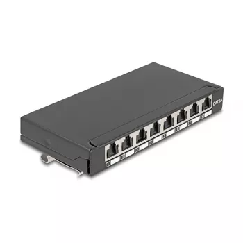 Patch panel DELOCK Mini Desktop RJ45 8-portowy Cat.6A ekranowany czarny do montażu na stole, ścianie lub szynie DIN