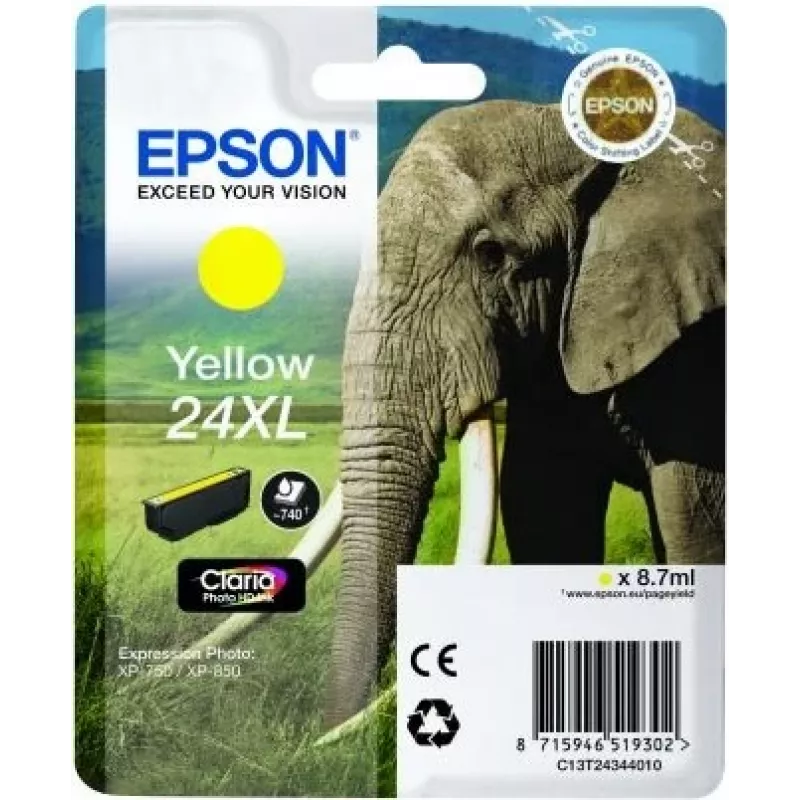Epson Elephant Singlepack żółty 24XL Claria Photo HD Ink, Żółty, Tusz pigmentowy, 1 szt.