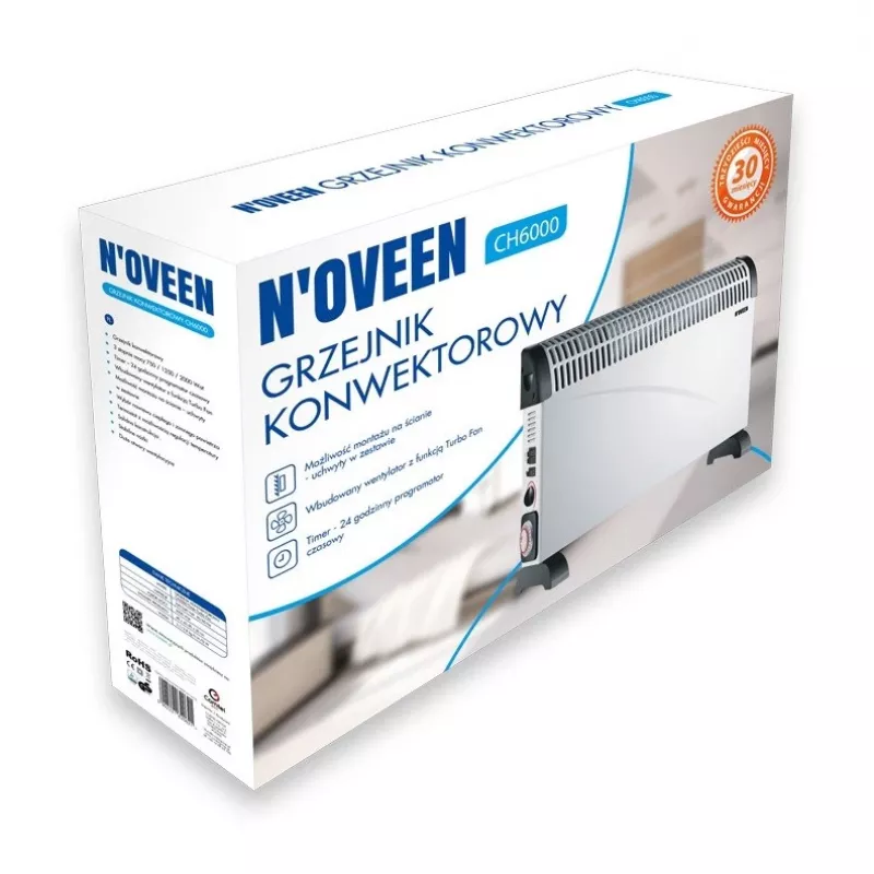 Grzejnik konwektorowy elektryczny NOVEEN CH-6000 TIMER TURBO FAN 2000W 3 poziomy mocy montaż ścienny/podłogowy biały