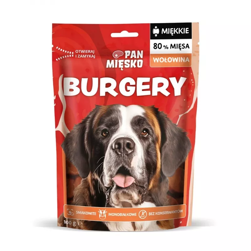 Przysmaki dla psów Pan Miesko Beef Burgers Adult 100 g — jednoskładnikowa hipoalergiczna przekąska wołowa dla dorosłych psów