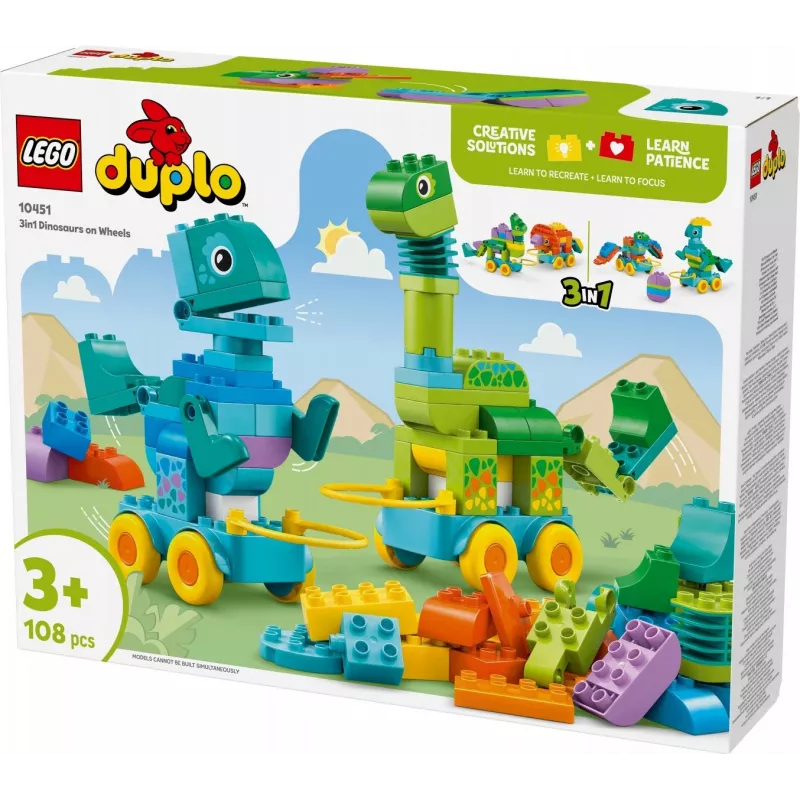 Zabawka konstrukcyjna LEGO DUPLO 10451 Dinozaury na kółkach zestaw 3-w-1, 108 elementów, wiek 3+, wysokość 220 mm