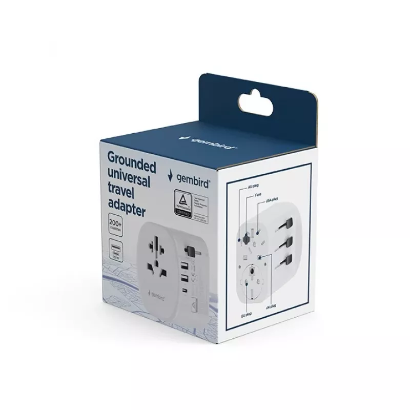 Podróżny adapter ładowania GEMBIRD TPA-EU2A1C15-01-W — 15W, wtyczka typu E, 2× USB-A + 1× USB-C, 100–250V