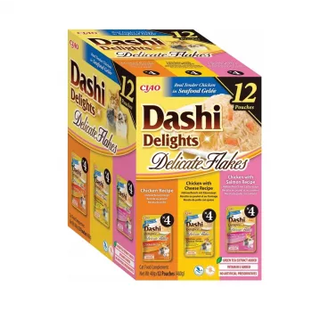 Mokra karma dla kota INABA Dashi Delights Delikatne płatki Mieszanka z kurczakiem, 12 x 40 g, 86% wilgotności, 12% białka, bezzbożowa i bezglutenowa