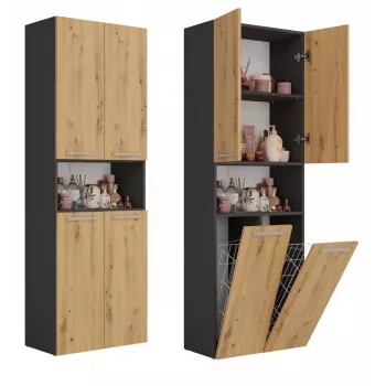 Szafka łazienkowa Top e Shop NEL 2K DK ANT/ART KP — grafit/dąb, wolnostojąca, 600×300×1740 mm, 3 półki