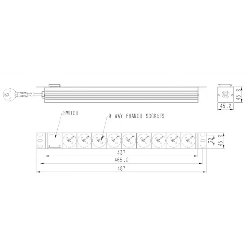 Listwa zasilająca GEMBIRD EG-PDU-9F2F — 9 gniazd francuskich (typ E), 1U rack, 16A, kabel 2 m