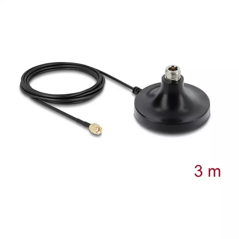 Magnetyczna podstawa do anteny DELOCK ULA100 — 1× gniazdo N do 1× wtyk RP‑SMA, kabel 3 m, zewnętrzna, czarna