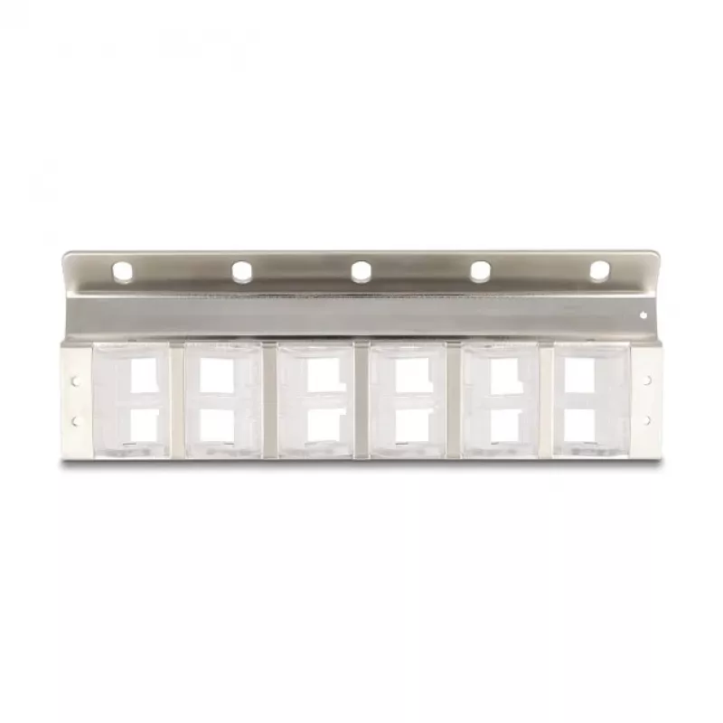 Uchwyt keystone 12-portowy uchylny do montażu w szafie 10-calowej i 19-calowej/na ścianie, DELOCK 67040, metal/tworzywo, srebrny, 77×222×27 mm