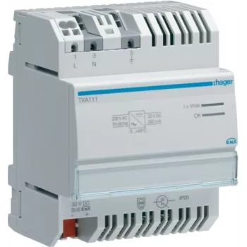 Zasilacz transformatorowy Hager TXA111, wejście 230 V AC, wyjście 30 V DC, 0,32 A, szary