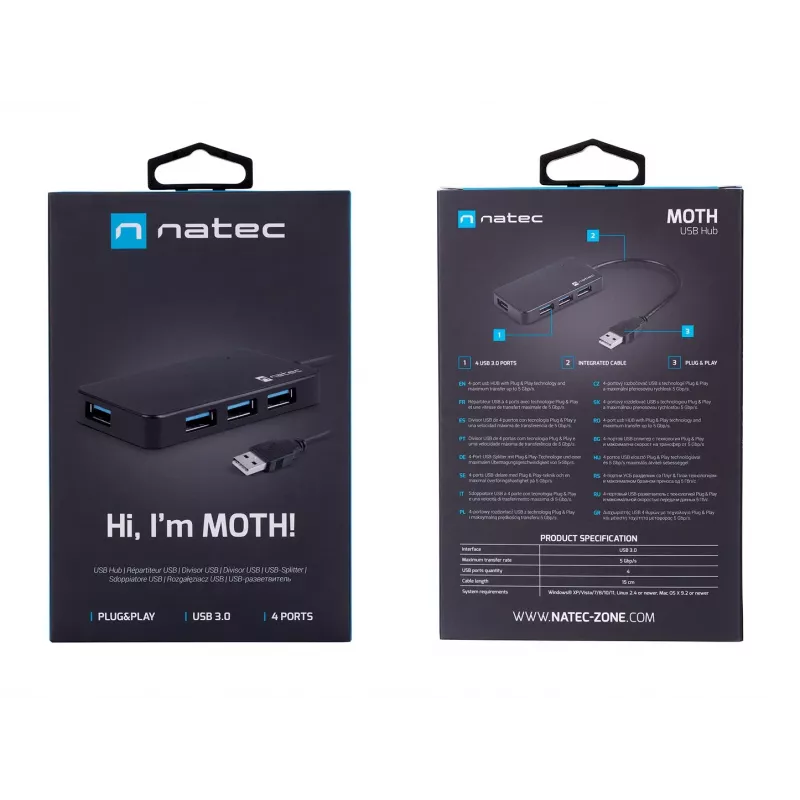 USB hub NATEC Moth 4-port USB 3.2 Gen 1 Type-A (5000 Mbit/s), zasilany przez USB, czarny, kabel 0,15 m