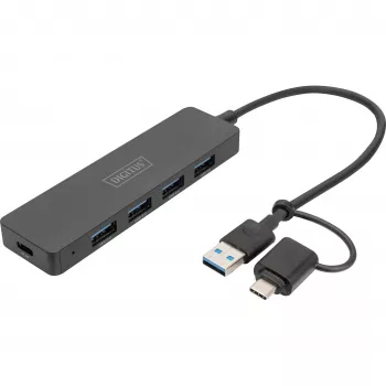 Koncentrator USB, Digitus, DA-70235, 4-portowy, USB 3.2 Gen 1, Typ-A i Typ-C, 12000 Mbit/s