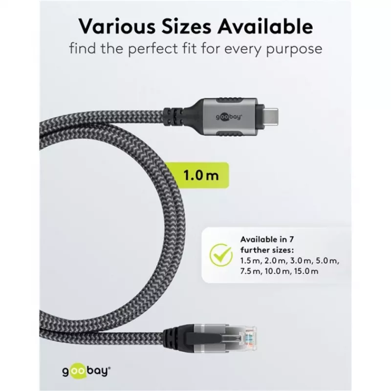 Wentronic goobay - Kabel sieciowy - 24-pin USB-C (M) do RJ-45 (M) - 1,0 m - 6 mm - FTP - CAT 6 - USB 3.1 - kabel pleciony - Czarny, Srebrny (70696)
