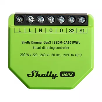 Wbudowany ściemniacz Shelly Dimmer Gen3 — LED maks. 150 W, halogen maks. 200 W, 220–240 V, bezprzewodowy, czarny/limonkowy