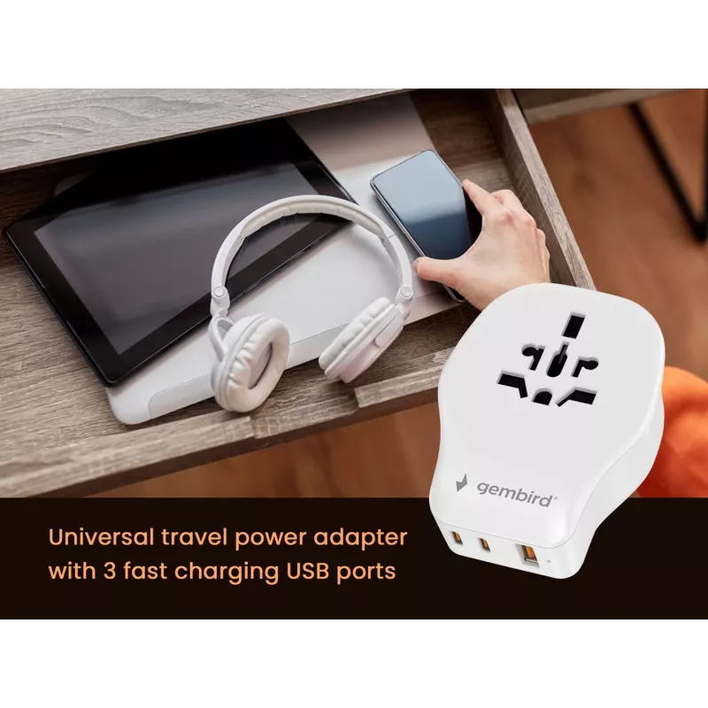 Podróżny adapter ścienny GEMBIRD TPA-1A2C20-02-W 20W — 1×USB-A + 2×USB-C, wtyczka typu G, 100–250V, biały
