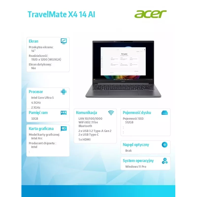 Laptop Acer TravelMate P4 TMX414-51-TCO 14 cali WUXGA IPS, Intel iU5, 32GB RAM, 512GB SSD, Wi‑Fi 7, Windows 11 Pro, 3-letnia gwarancja onsite NBD