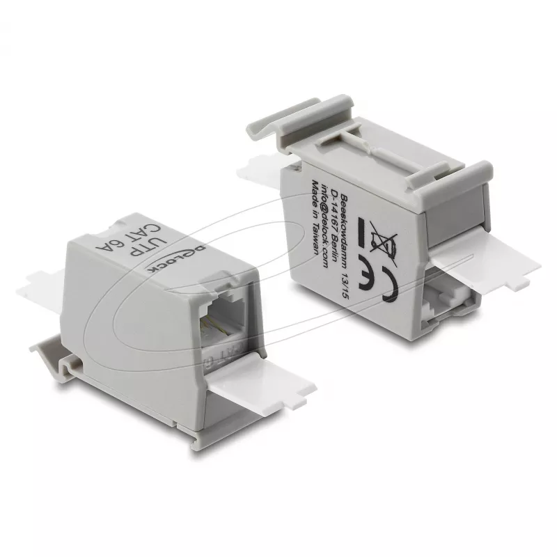 Łącznik RJ45 do sieci DELOCK Cat.6A podwójny gniazdo-gniazdo do montażu na szynie DIN, szary