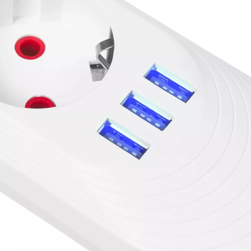 Listwa zasilająca MACLEAN MCE394W — 3 gniazda, 3×USB 2,1 A, 110–240 V AC, 2500 W, kabel 1,5 m, biała