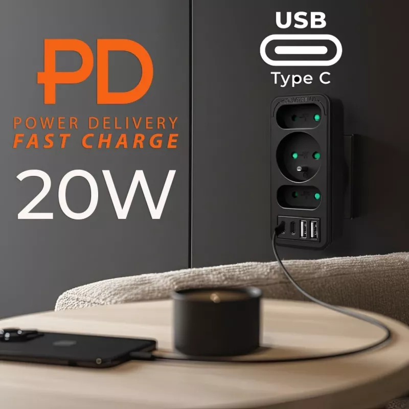 Rozgałęźnik zasilania MACLEAN MCE248 F/B — 3 gniazda AC (1x16A, 2x6A) i 4 porty USB (2xUSB‑A, 2xUSB‑C PD 20W), wtyczka EU, czarny