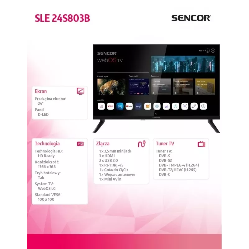 24-calowy SENCOR SLE 24S803B HD Ready SMART TV z webOS, Wi‑Fi, Bluetooth, DVB-T2/C/S2, 1366×768