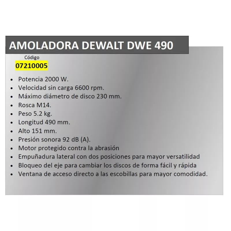 Szlifierka kątowa DeWALT DWR490 — 2200 W, tarcza 230 mm, 6600 obr./min, 5,2 kg