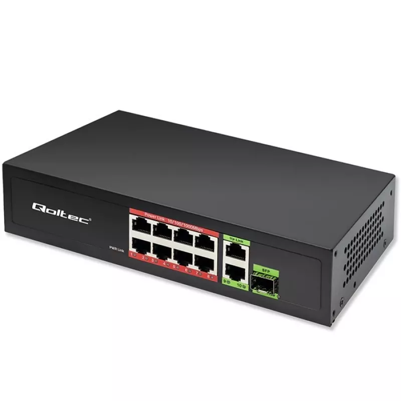 Przełącznik Ethernet QOLTEC 52297 PoE RJ45 z łączem uplink PoE i portem SFP