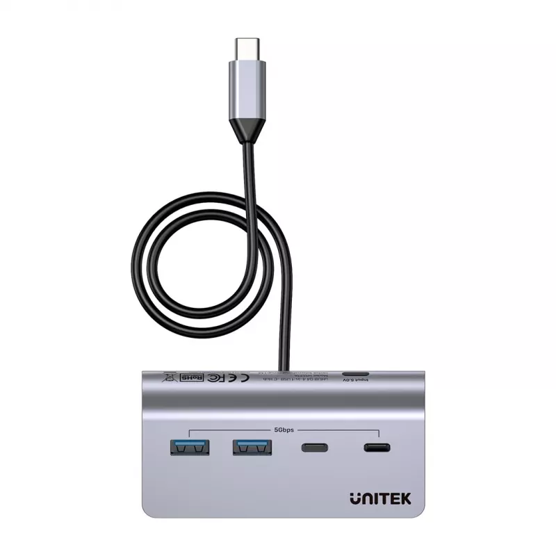 Koncentrator USB Unitek H1337AGY01 — 4-portowy (2×USB-C, 2×USB-A), do 5 Gb/s na port, aluminium, srebrny