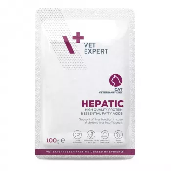 Mokra karma dla kota VETEXPERT Hepatic Chicken 100 g — dieta weterynaryjna wspomagająca wątrobę, koty dorosłe, wilgotność 79%, białko 8%