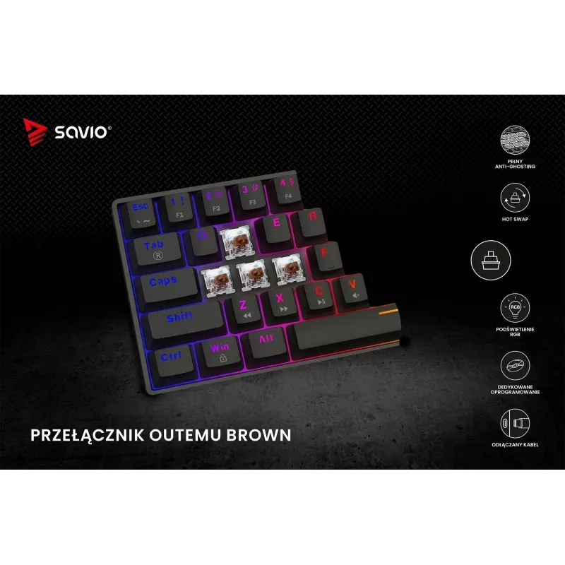 Mechaniczna klawiatura gamingowa SAVIO CzarnyOUT X2 BROWN 61-klawiszowa 60% USB QWERTY RGB Outemu Brown
