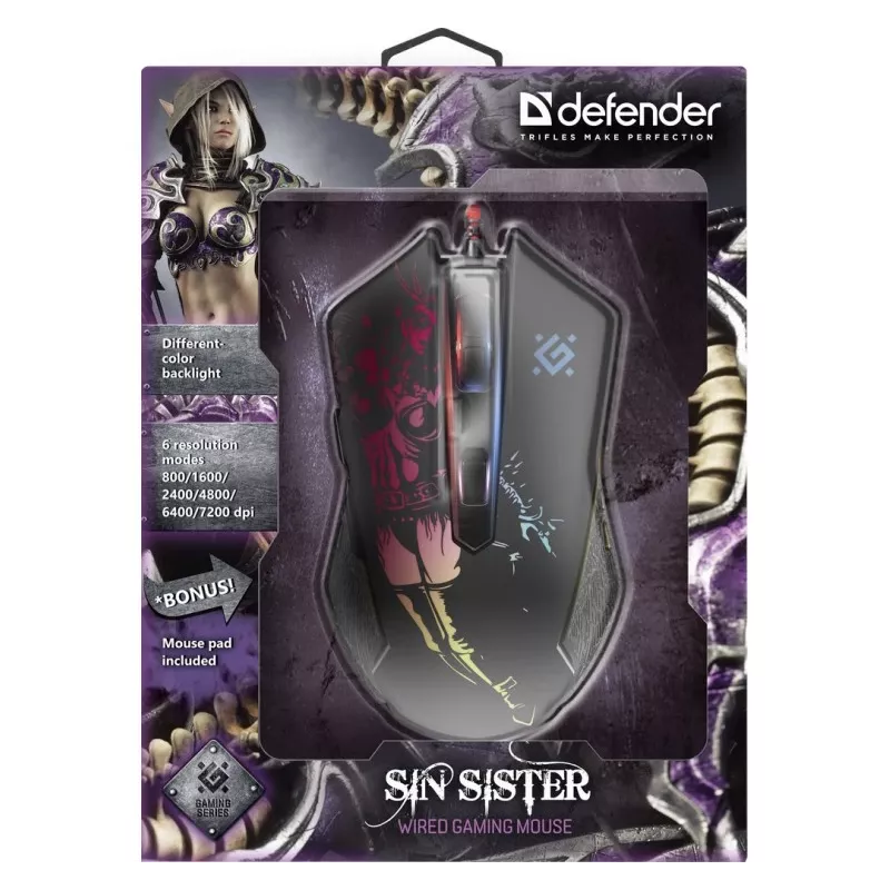 Mysz gamingowa, optyczna, przewodowa DEFENDER GM-933 SIN'SISTER 7200dpi 6P RGB