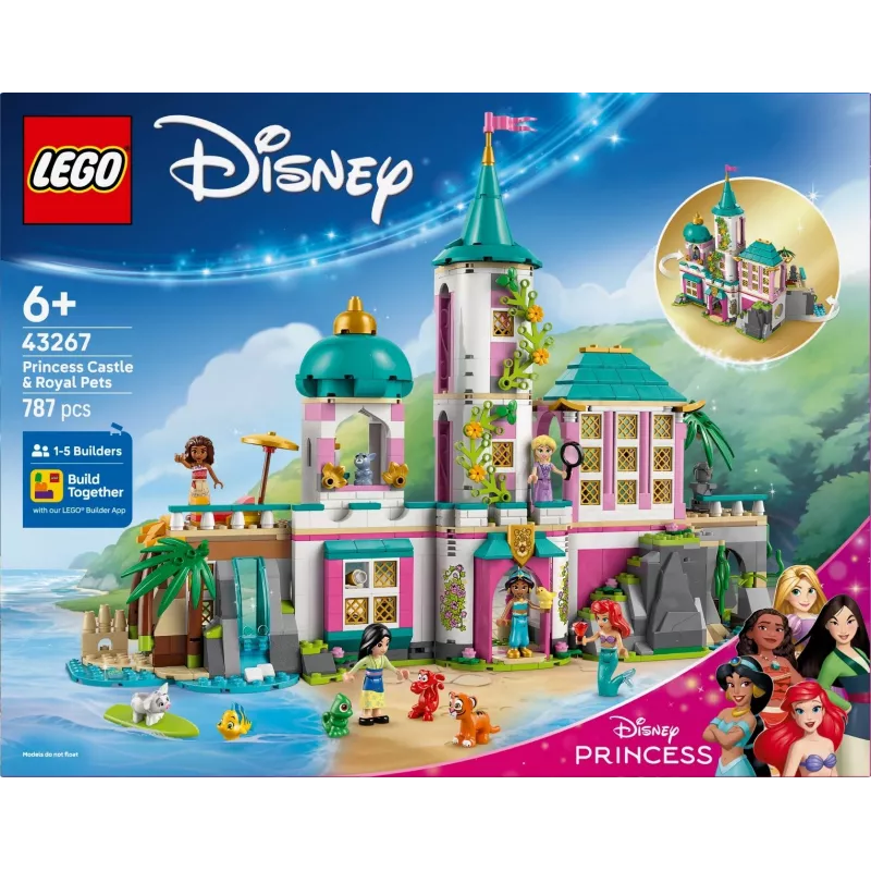 LEGO Disney Princess Castle and Royal Pets building set 43267 — 787 elementów, 5 minifigurek, wiek 6+, 320×460×100 mm